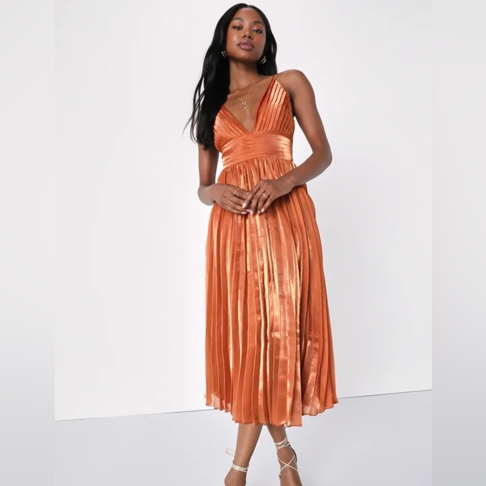 Lulu's Orange Pleated Midi Dress